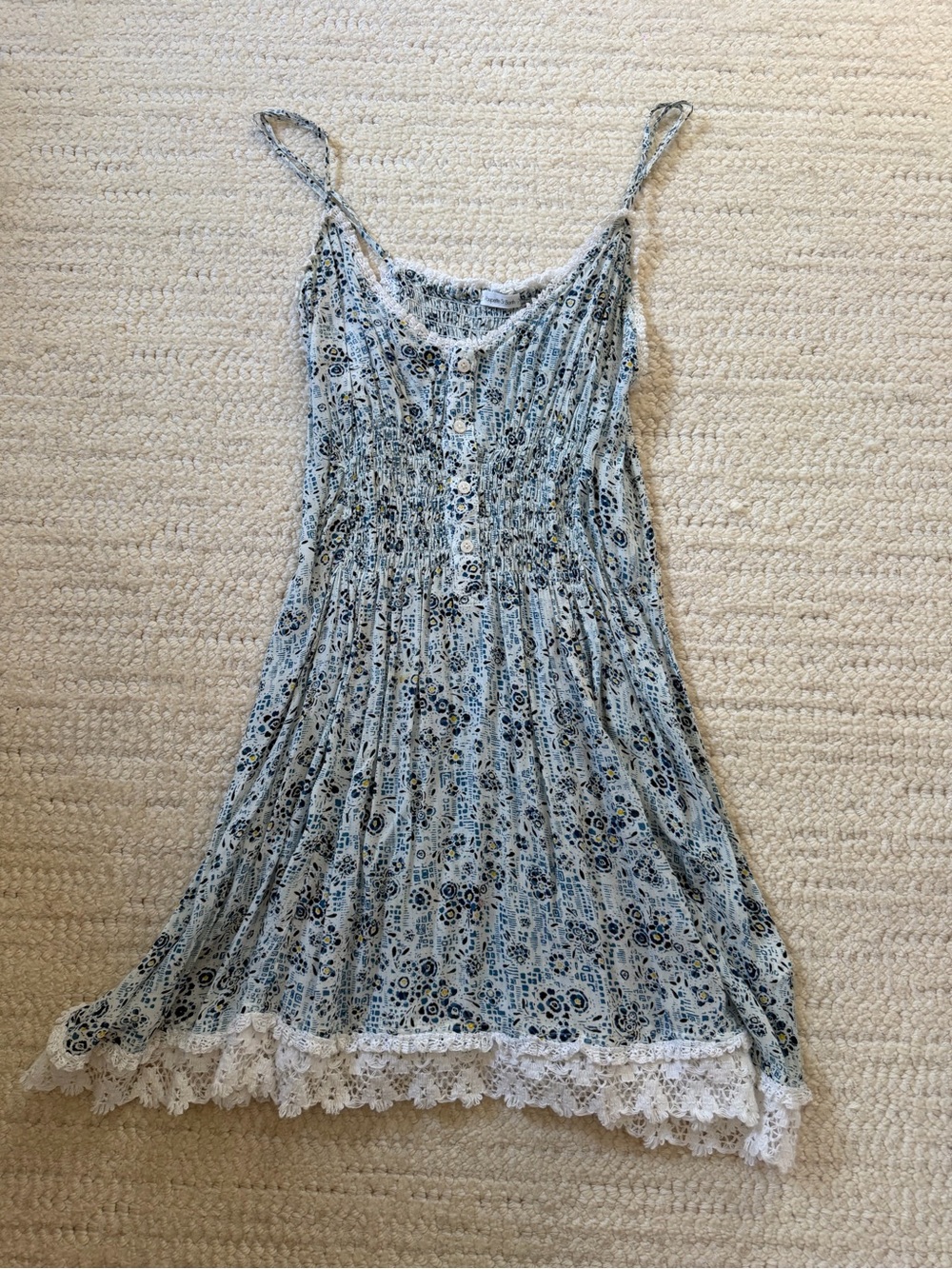 Poupette St. Barth Light Blue Floral Button-Front Sundress with White Lace Trim